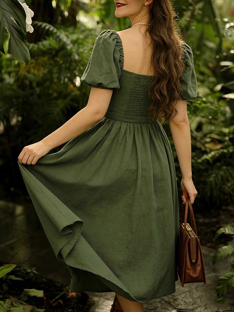 Retro Linen Countryside Style Waist-cinching Dress