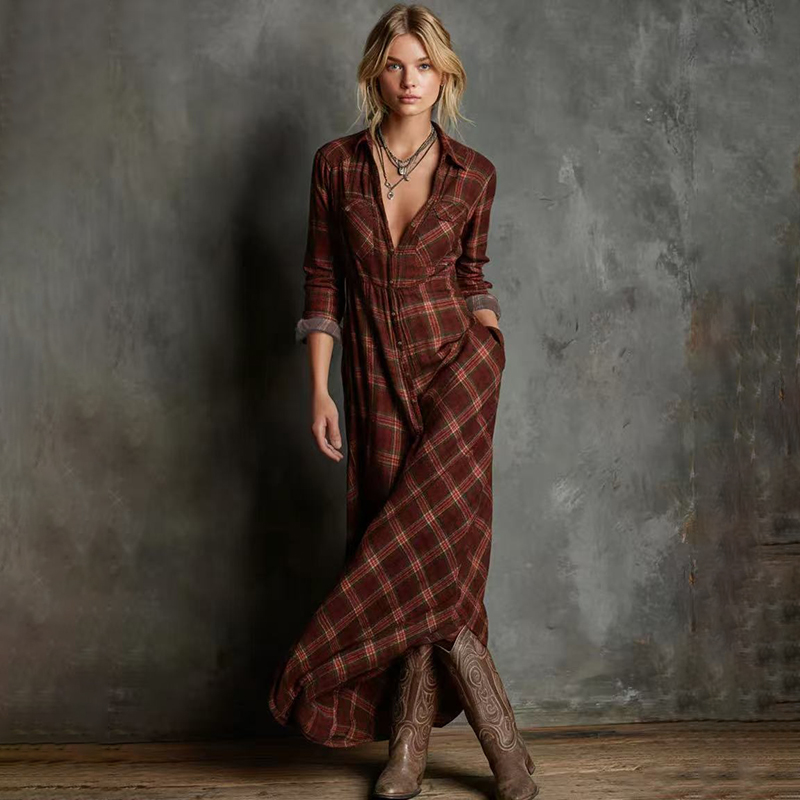 Vintage Elegant Long Sleeve Plaid Shirt Maxi Dress-elviree