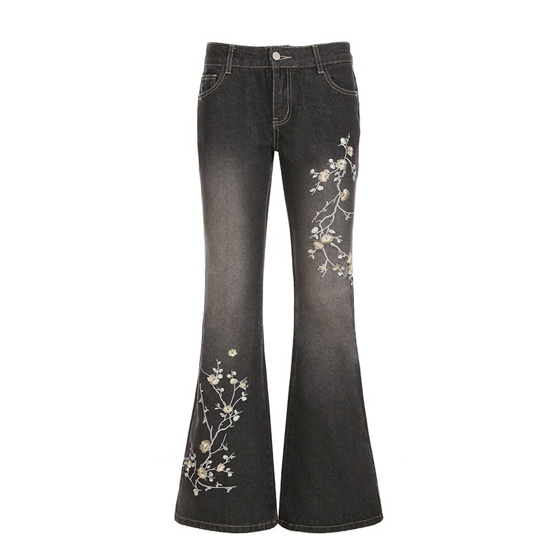 Japanese Art Cherry Blossom Embroidered Washed Flared Jeans-elviree