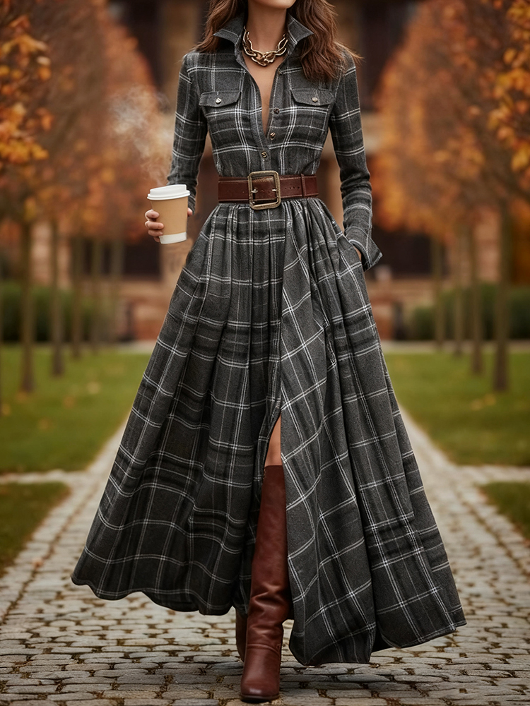 Vintage Khaki Plaid Inspired Belted Cottagecore Autumn Winter Long Sleeve Button-up Shirt Maxi Dress-elviree