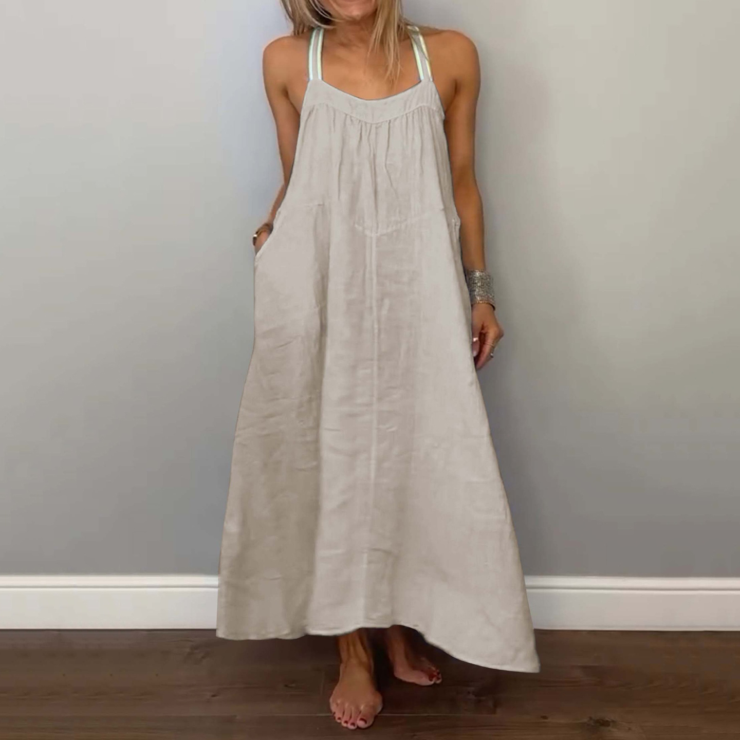 Casual Solid Color Cotton And Linen Suspender Dress-elviree