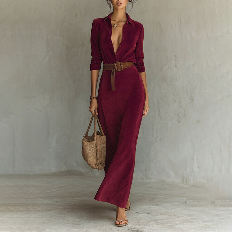 Women's Retro Suede Waist-cinching Long Dress With Belt-elviree