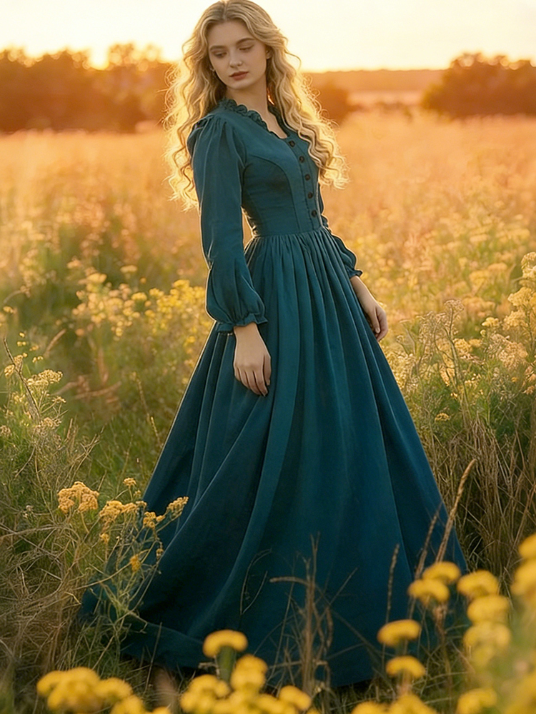 Vintage Ruffled Collar Pleated Wide Skirt Maxi Dress-elviree