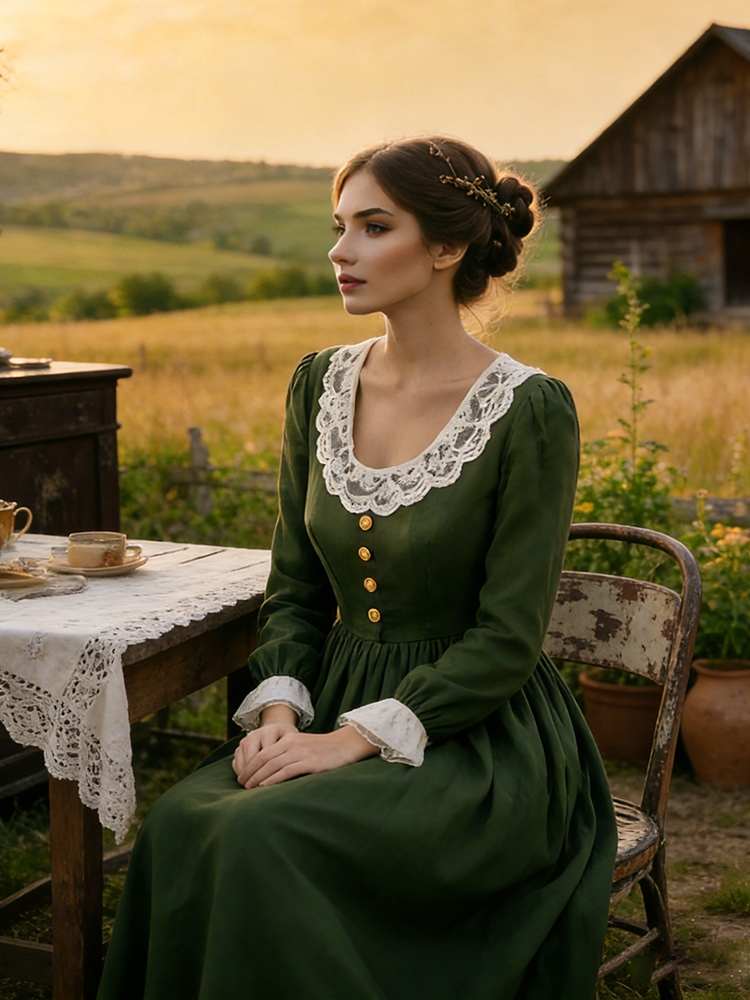 Vintage Lace Patchwork Pleated Linen Maxi Dress-elviree