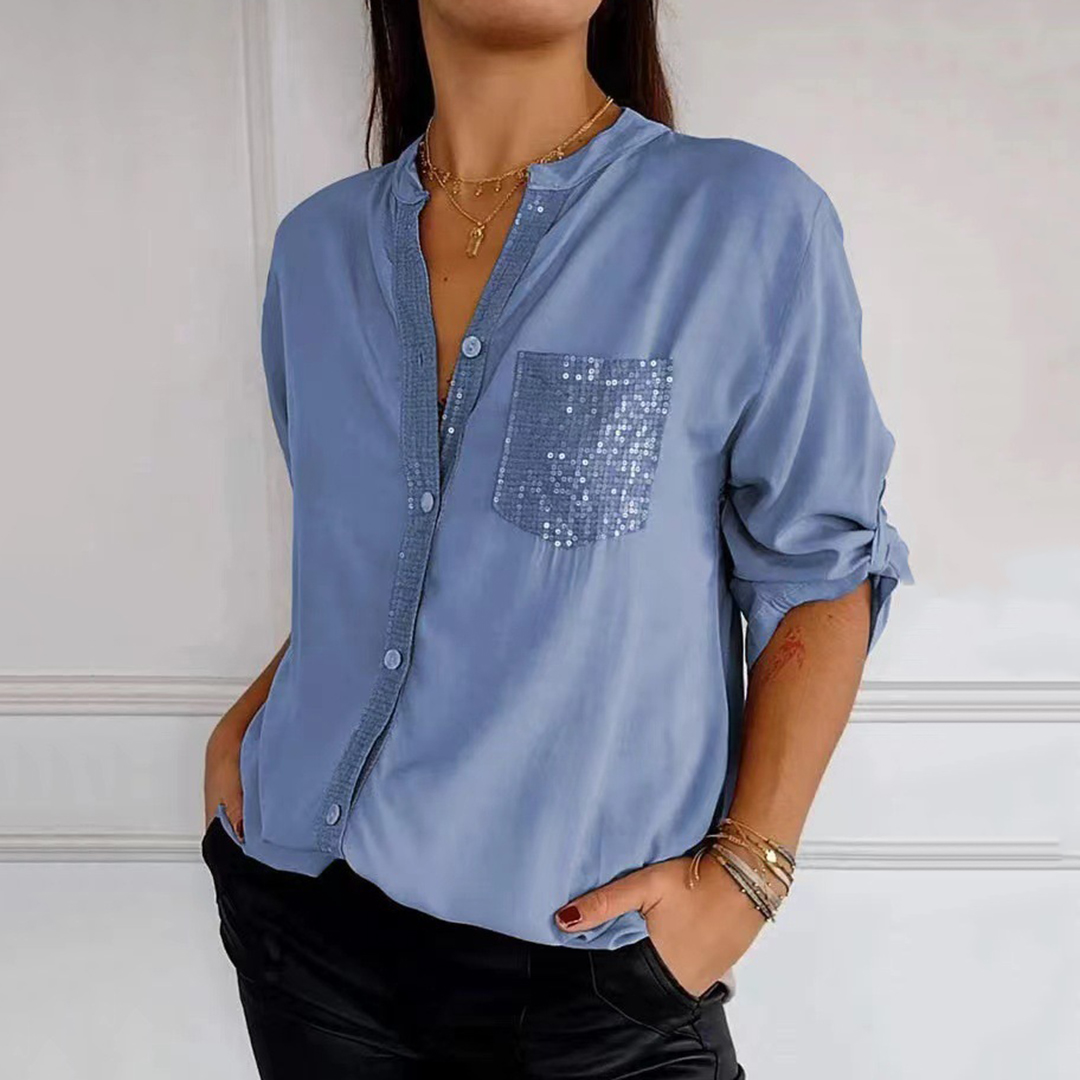 Casual Stand Collar Sequin Pocket Women's Shirt-elviree
