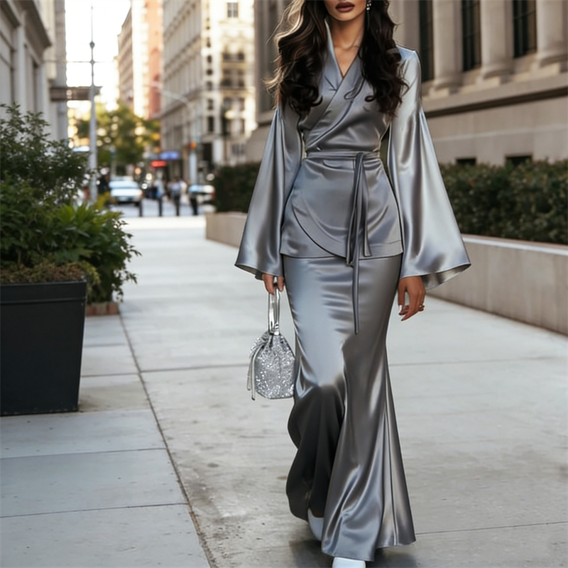 Classy Flowy Wrap Kimono & Skirt Satin Set-elviree