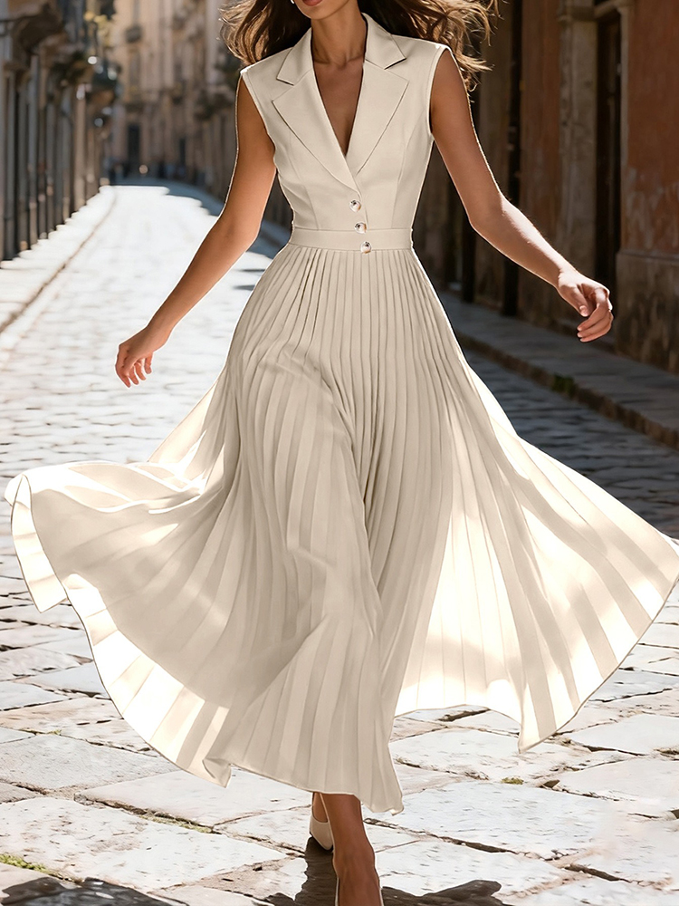 Solid Color Elegant Pleated Long Dress-elviree