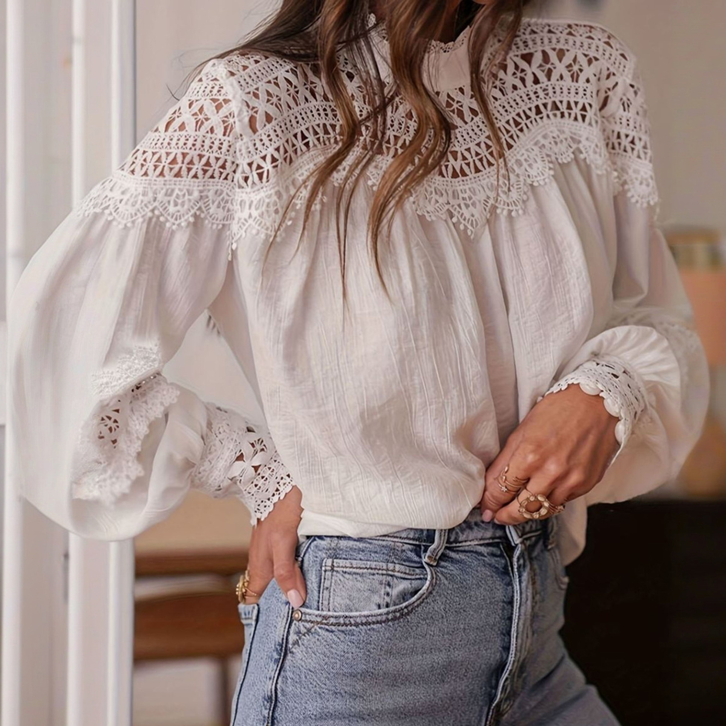 Women's Elegant Floral Lace Cotton And Linen High Collar Top-elviree