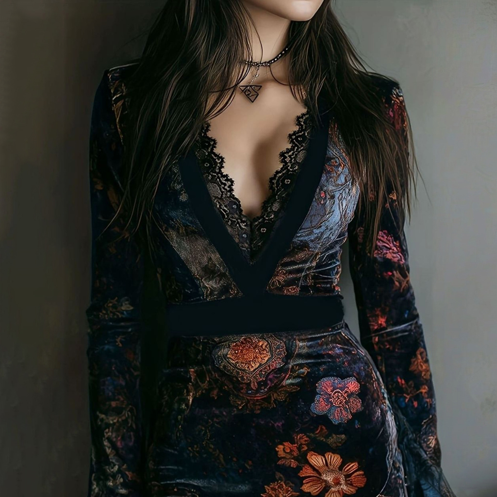 Women's Vintage Lace Trim Patchwork Floral Embroidered Dress-elviree