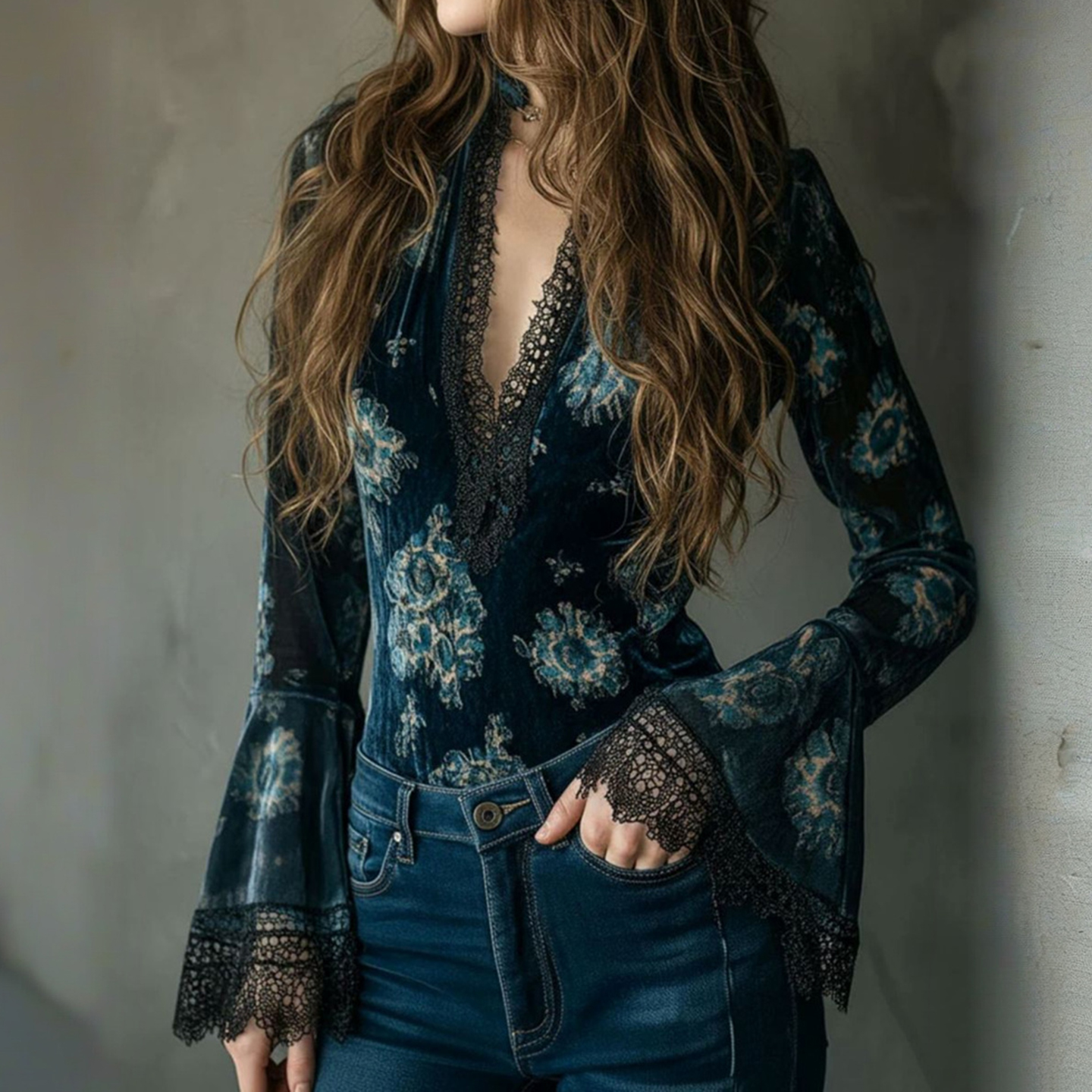 Women's Elegant Lace-trimmed Velvet V-neck Top-elviree