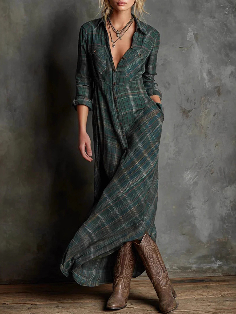 Vintage Elegant Long Sleeve Plaid Shirt Maxi Dress-elviree