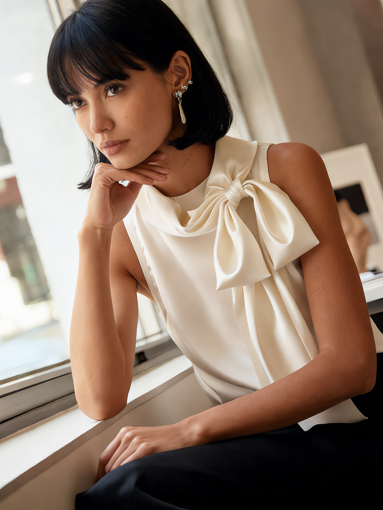Elegant Champagne White Satin Sleeveless Bow Shirt-elviree