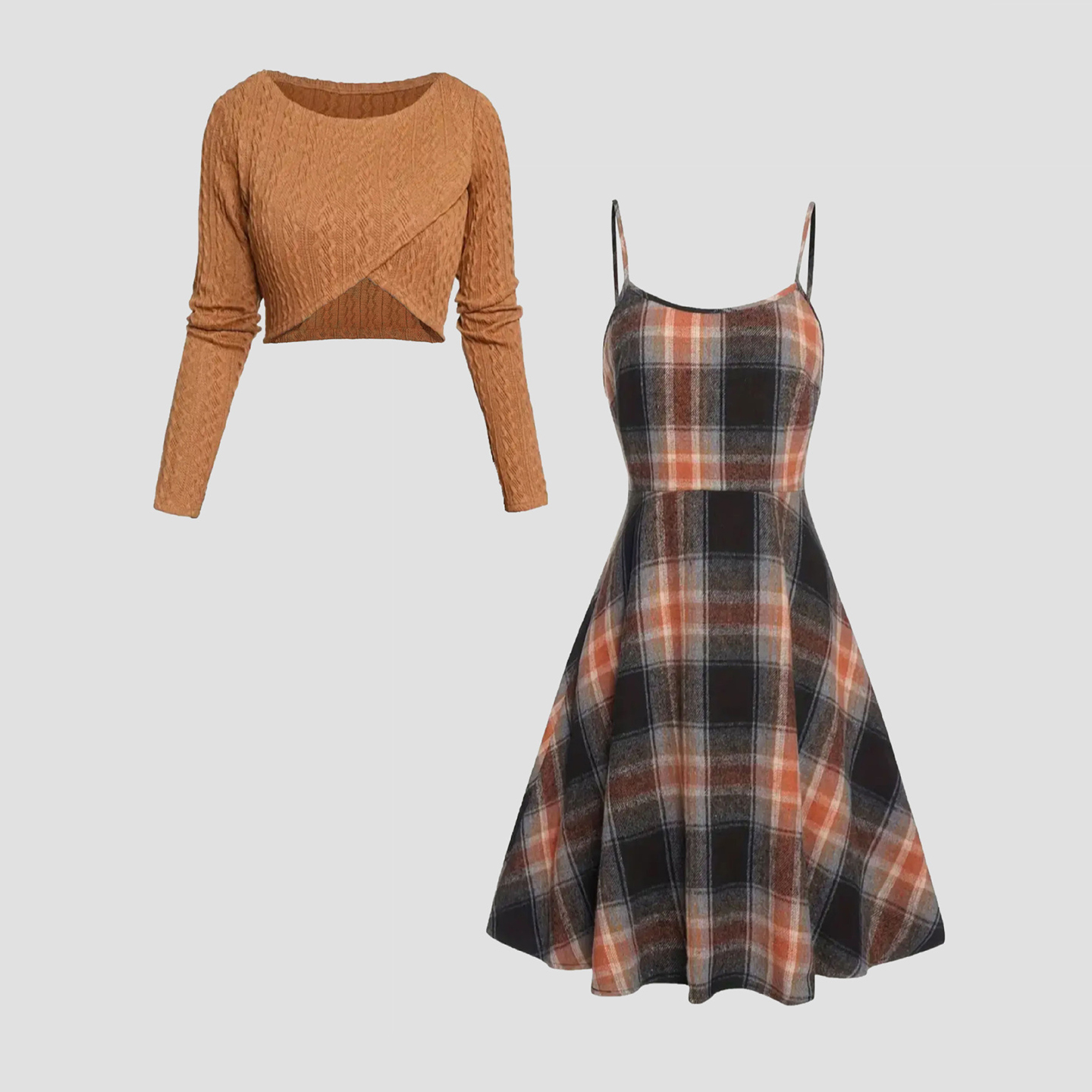 Vintage Plaid And Knit Inspired Autumn Winter Long Sleeve Two-piece Dress.-elviree