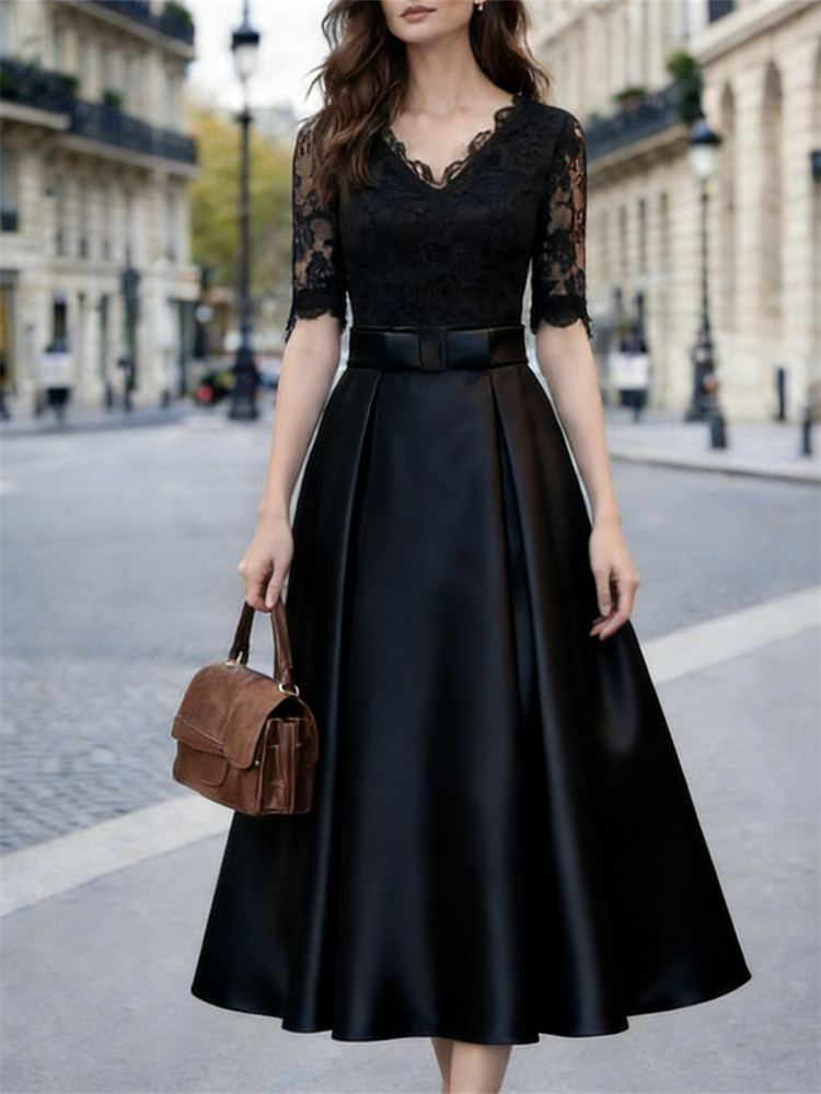 Vintage Classy Lace V Neck Satin Maxi Dress-elviree