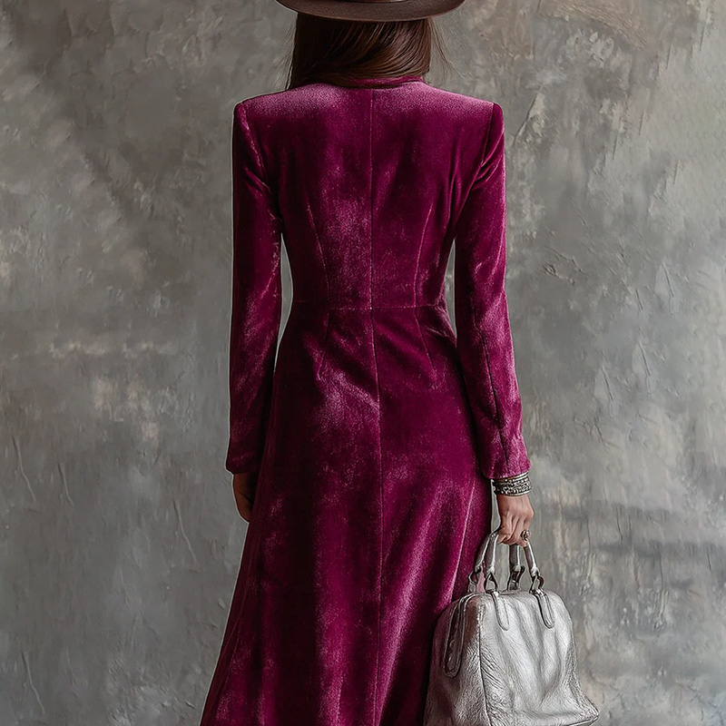 Vintage Double-breasted Slim Fit Velvet Collared Midi Dress-elviree