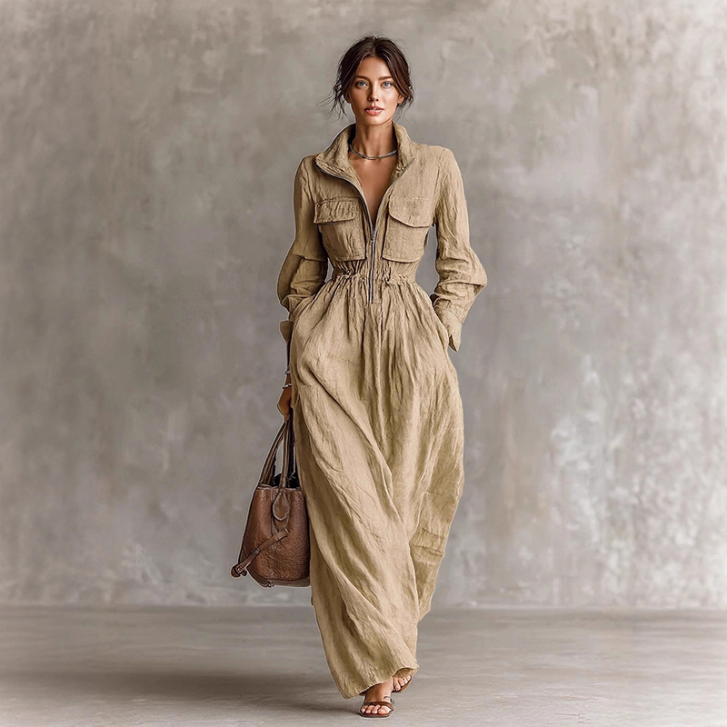 Vintage Zip Lapel Elastic Waist Maxi Dress-elviree