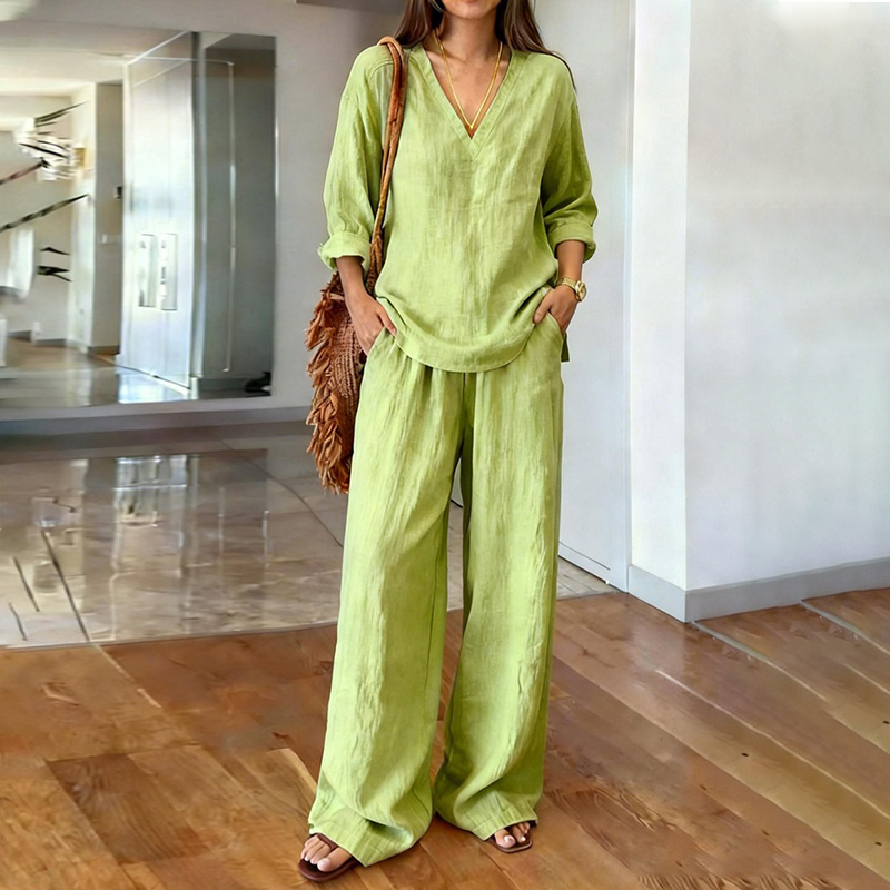 Women's Comfy Linen Blend Casual Long Sleeve V-neck Top And Pants Two-piece Set-elviree