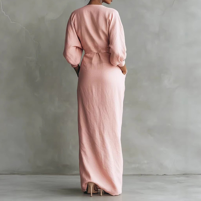 Vintage Elegant Pleated V-neck Design Cotton And Linen Dress