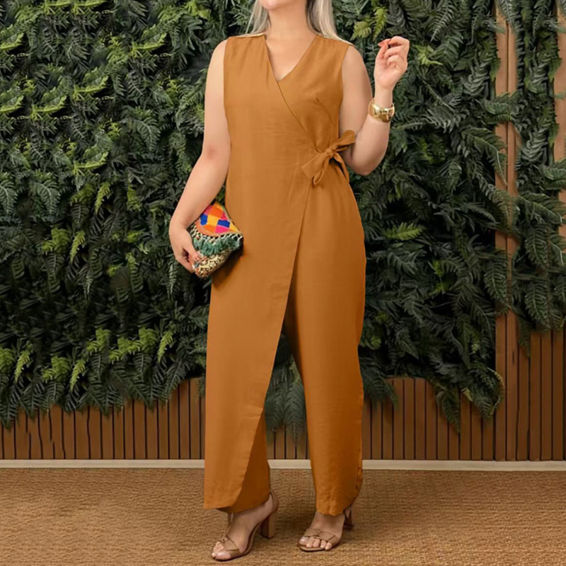 Women's Solid Color Casual V-neck Tie Jumpsuit-elviree