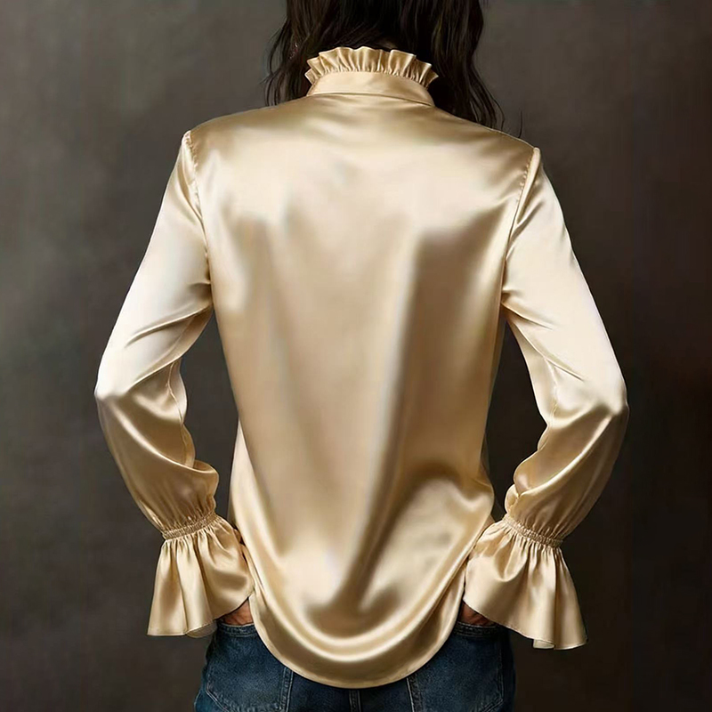 Elegant Solid Color Waltz Satin Long-sleeved Shirt-elviree