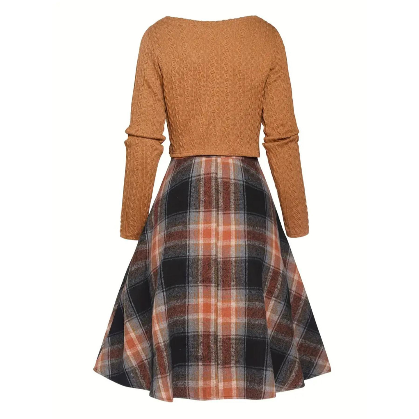Vintage Plaid And Knit Inspired Autumn Winter Long Sleeve Two-piece Dress.-elviree