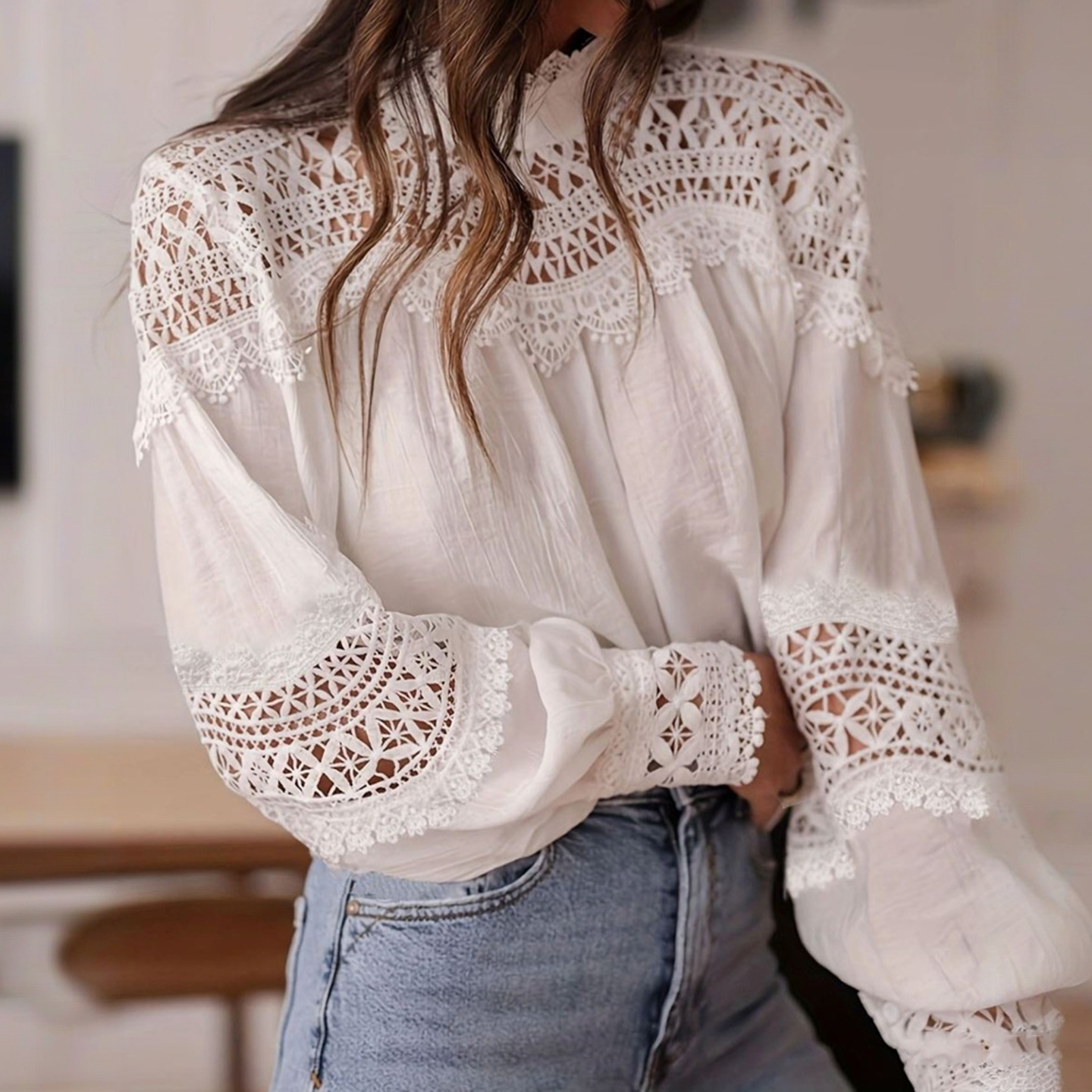 Women's Elegant Floral Lace Cotton And Linen High Collar Top-elviree