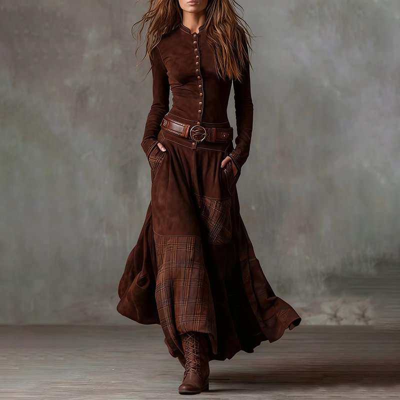 Vintage Patchwork Loose Elastic Long-sleeved Maxi Dress-elviree