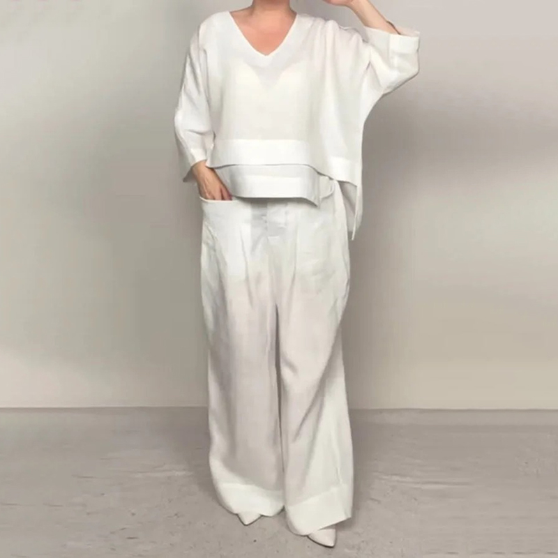 Women's Comfy Linen Blend Double Layer Design V-neck Top And Pants Two-piece Set-elviree