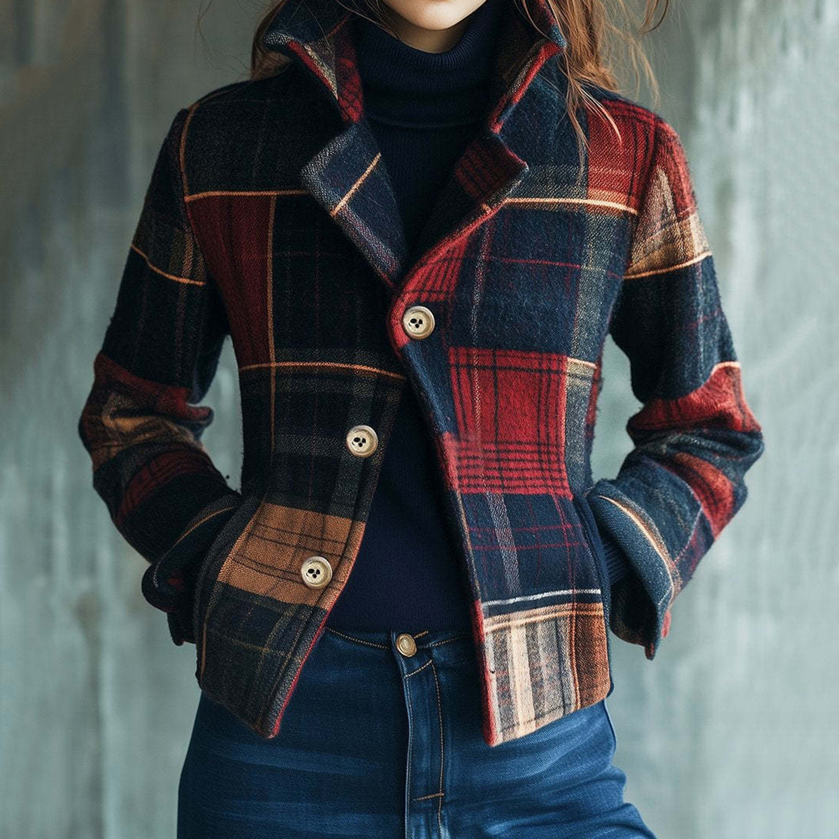 Chic Stand Collar Plaid Pattern Woolen Jacket-elviree