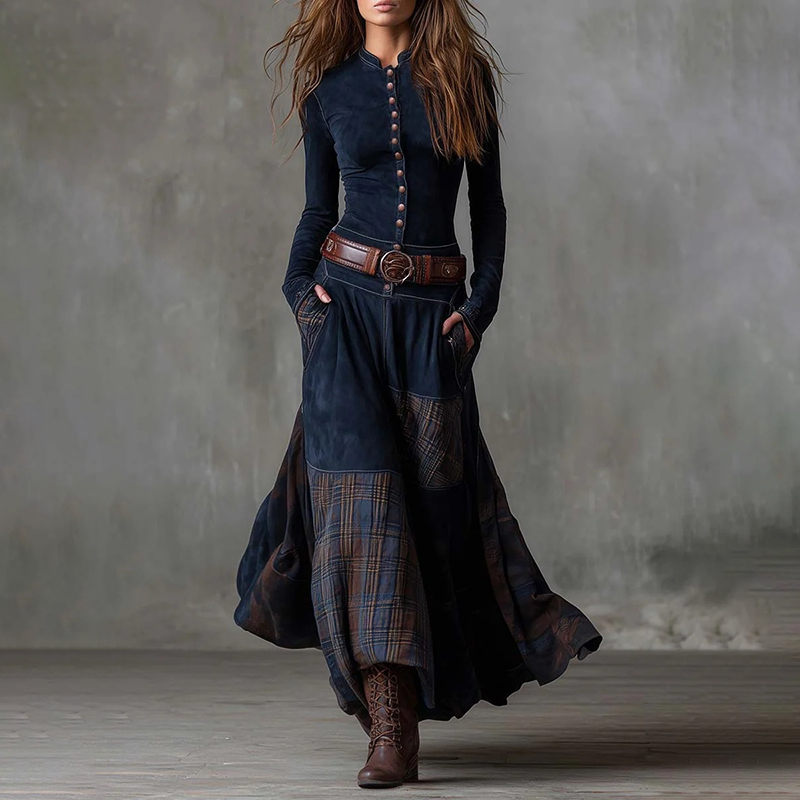 Vintage Patchwork Loose Elastic Long-sleeved Maxi Dress-elviree