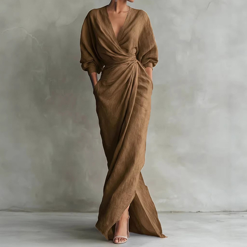 Vintage Elegant Pleated V-neck Design Cotton And Linen Dress