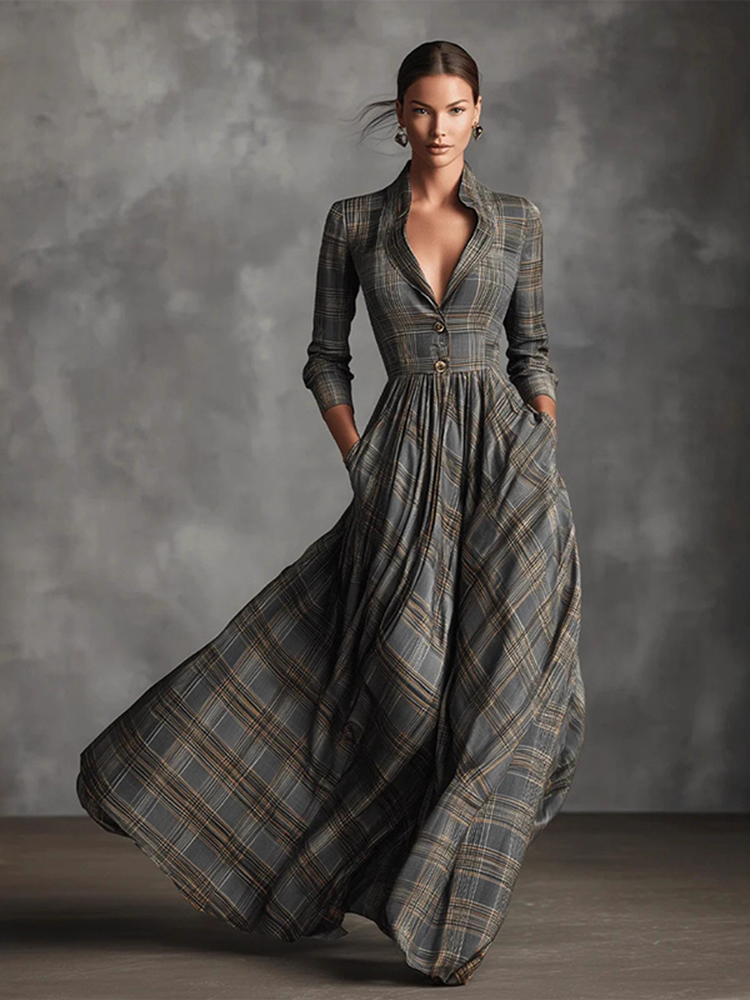 Vintage Plaid French Style Large Hem V-neck Maxi Dress-elviree