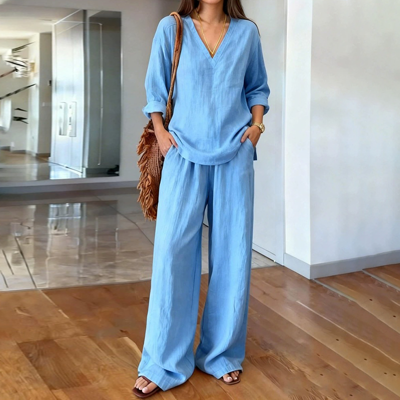 Women's Comfy Linen Blend Casual Long Sleeve V-neck Top And Pants Two-piece Set-elviree