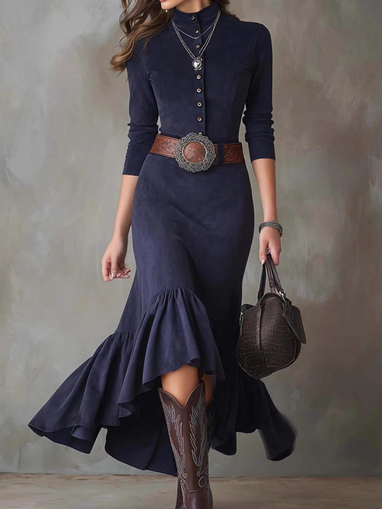 Vintage High Collar Irregular Hem Velvet Dress （with Belt）-elviree