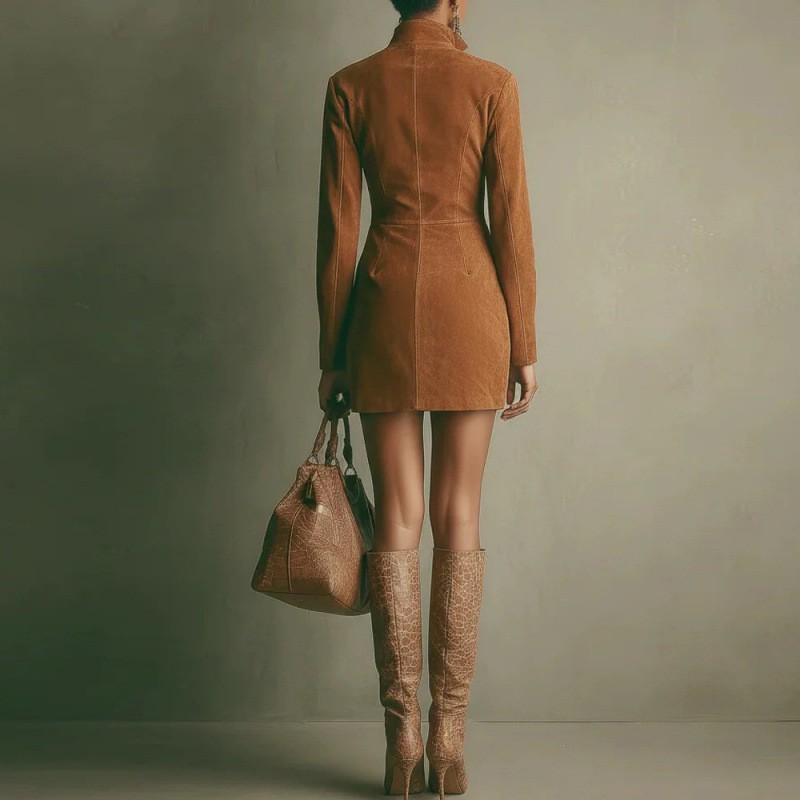 Retro Suede French-style Zipper Long-sleeve Fitted Dress-elviree