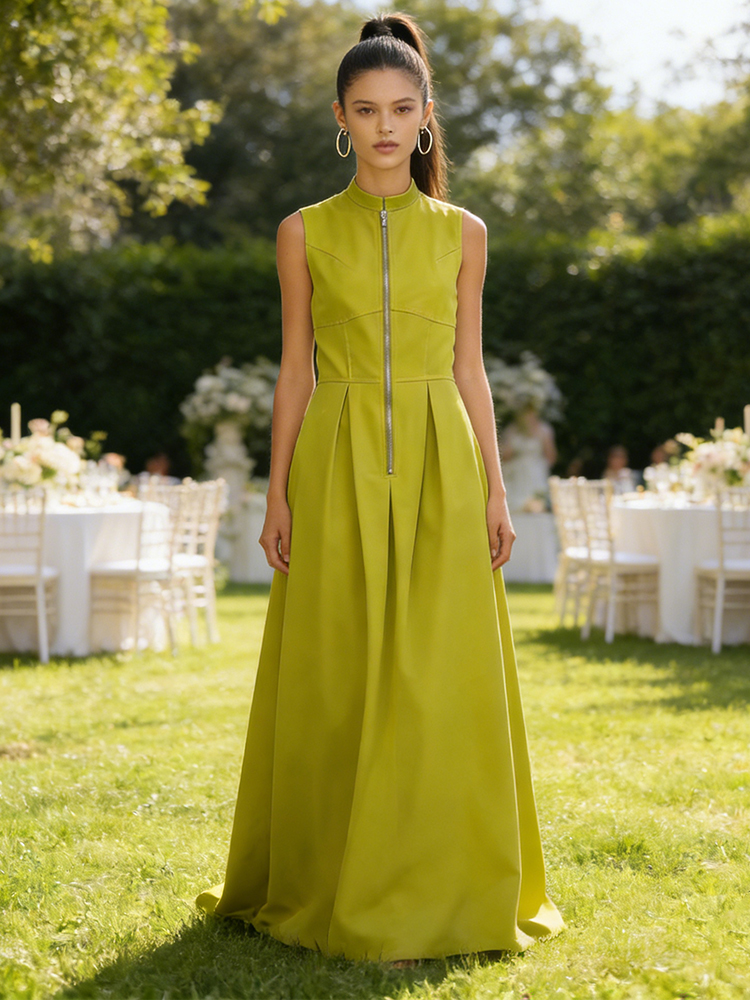 Vintage Round Neck Zip Up Comfy Maxi Dress-elviree