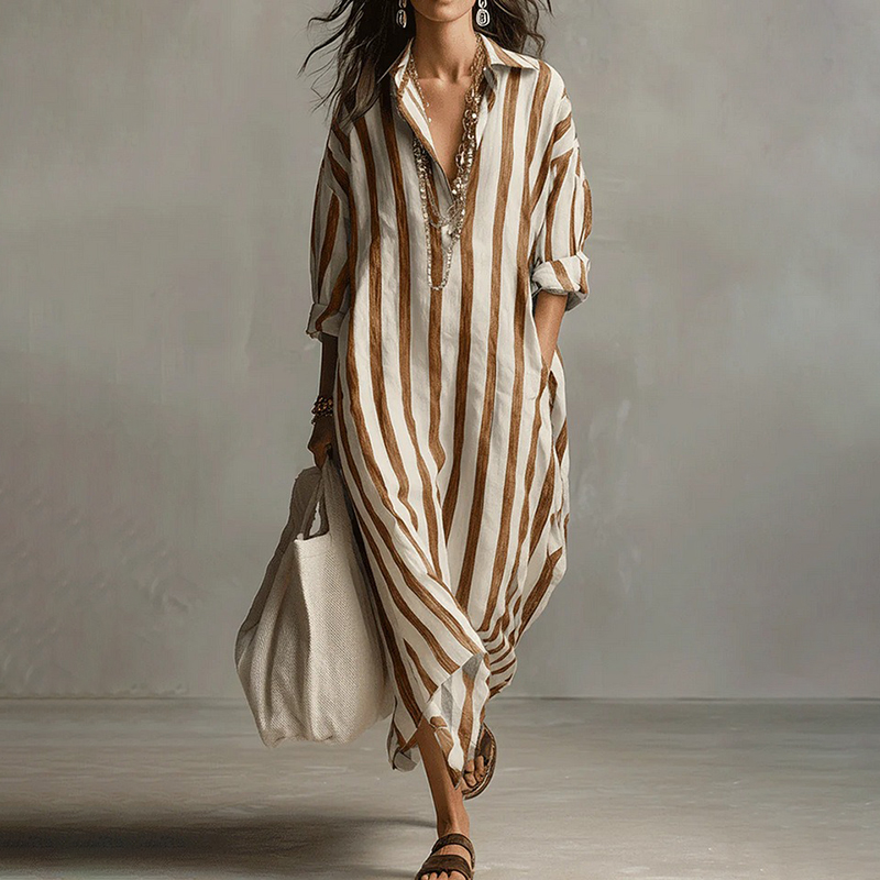 Women's Casual Striped Cotton Linen Maxi Shirt Dress-elviree