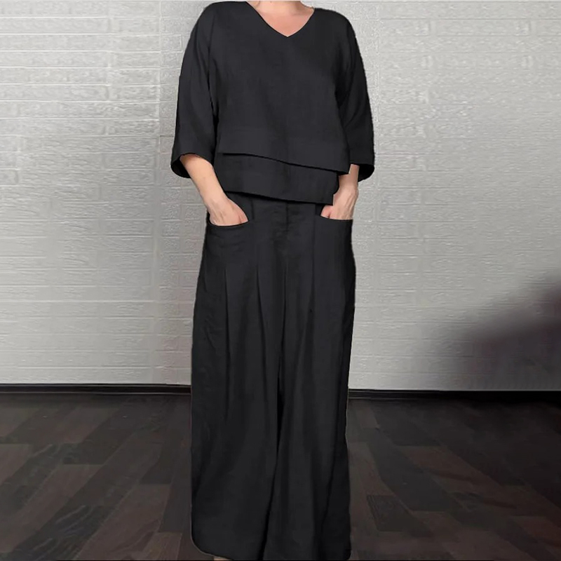 Women's Comfy Linen Blend Double Layer Design V-neck Top And Pants Two-piece Set-elviree