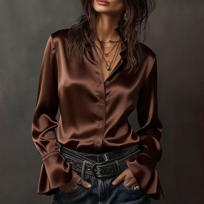 Elegant Solid Color Waltz Satin Long-sleeved Shirt-elviree