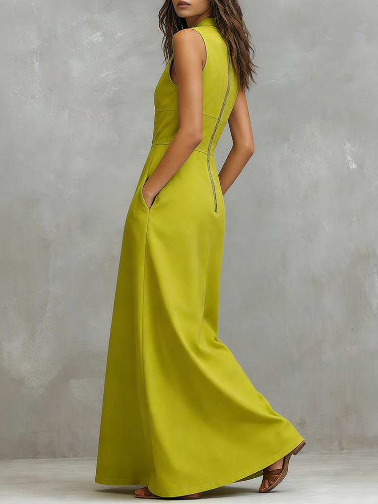 Vintage Round Neck Zip Up Comfy Maxi Dress-elviree