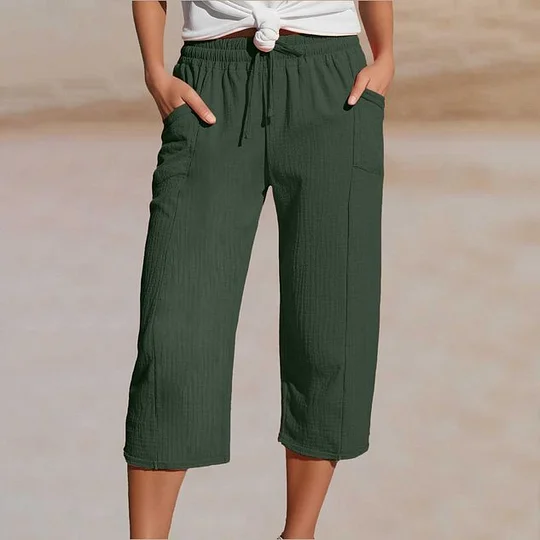 Women's Solid Color Casual Linen Pocket Capri Pants-elviree