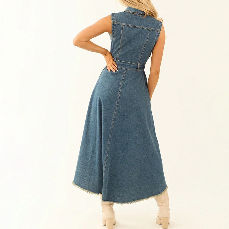 Vintage Irregular Hem Sleeveless Denim Midi Dress-elviree