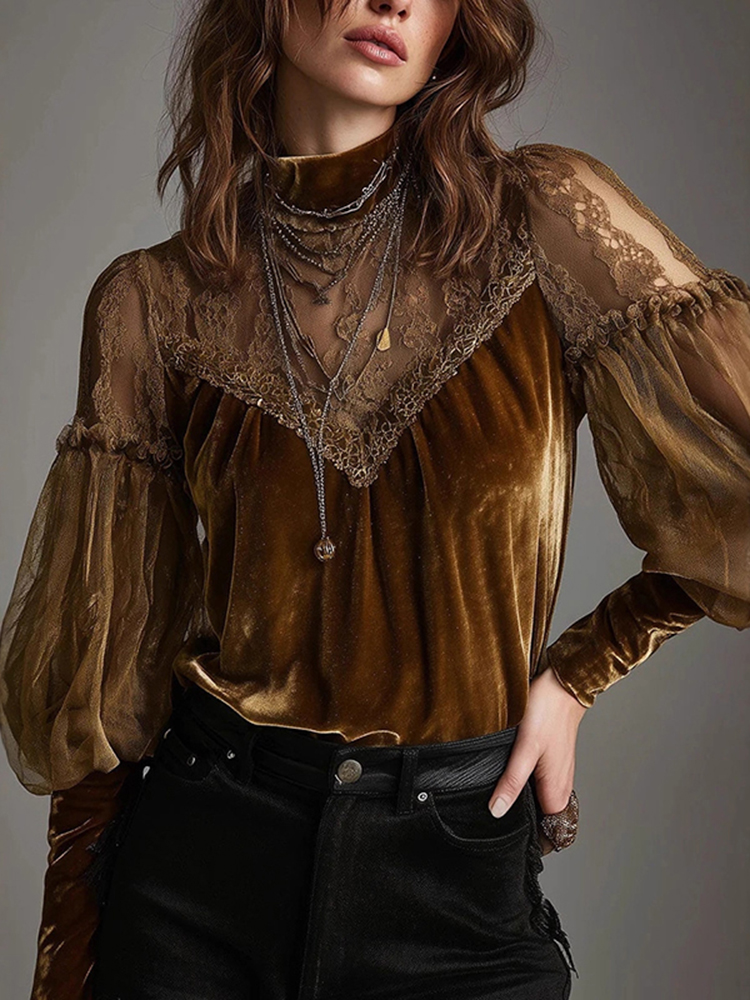 Mesh Splicing Black Lace Hollow Lace Top-elviree