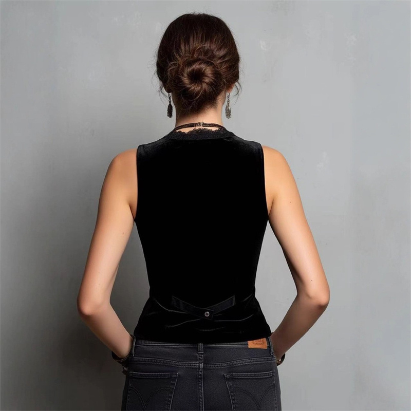 Lace V-neck Black Velvet Sleeveless Vest-elviree