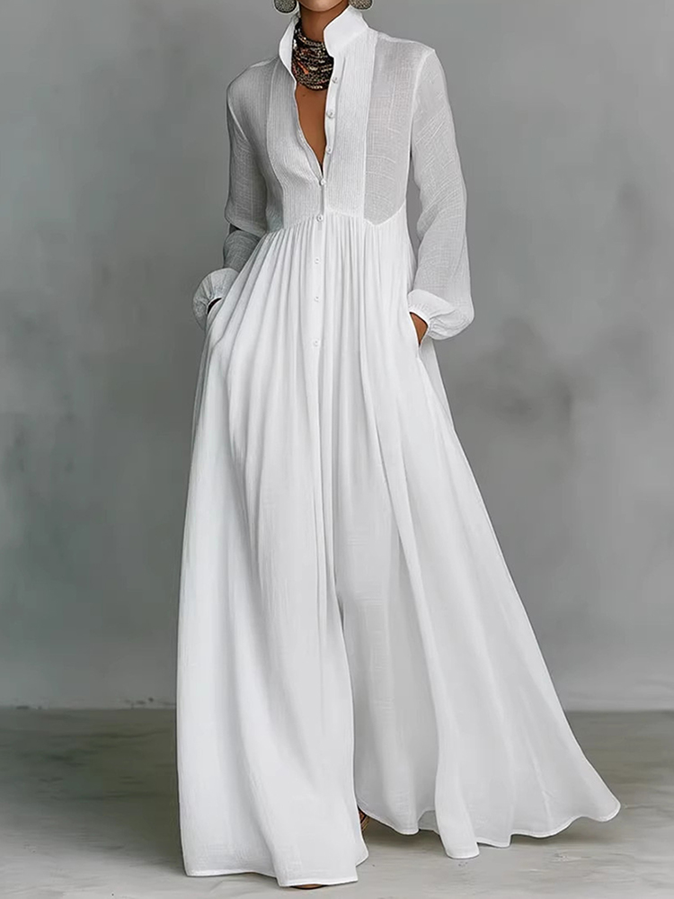 Women's Casual Solid Color Pleated Cotton Linen Maxi Dress-elviree