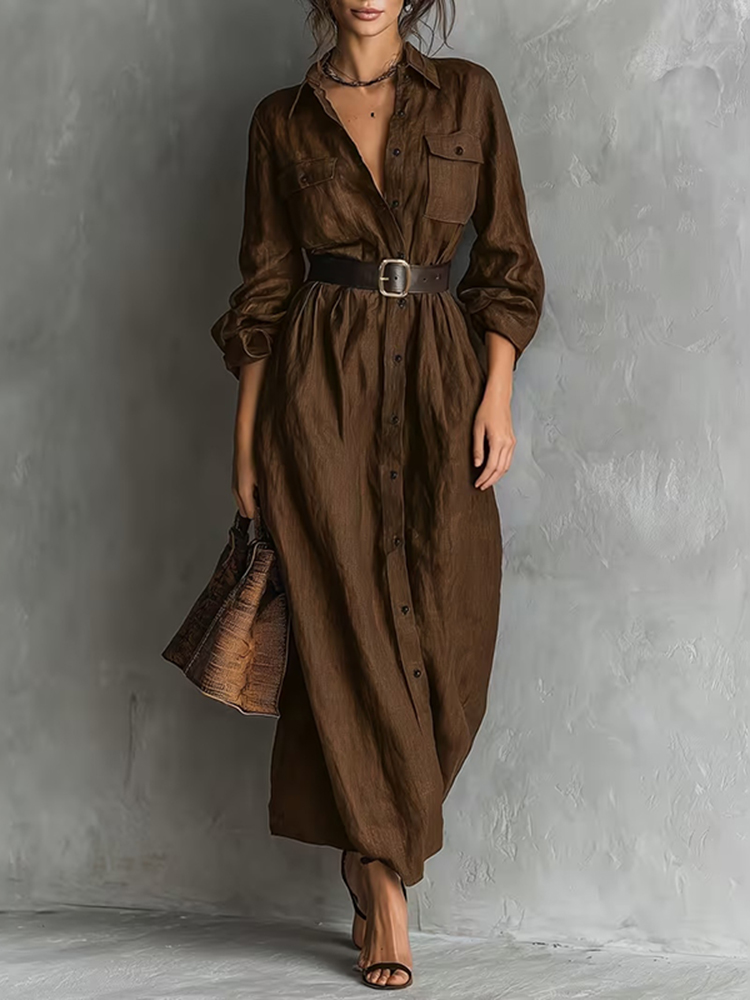 Vintage Workwear Style Loose Long Waisted Shirt Dress (with Belt)-elviree