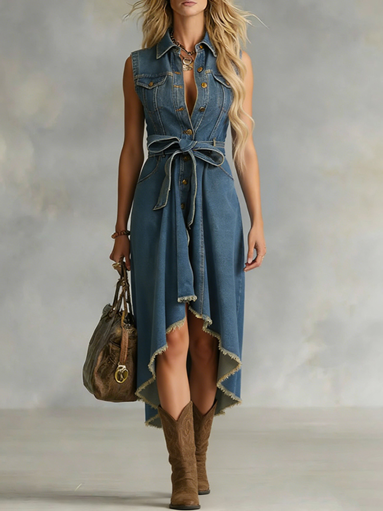 Vintage Irregular Hem Sleeveless Denim Midi Dress-elviree