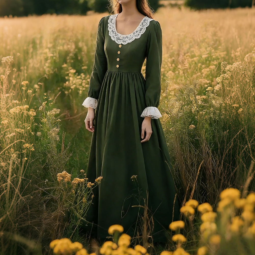 Vintage Lace Patchwork Pleated Linen Maxi Dress-elviree