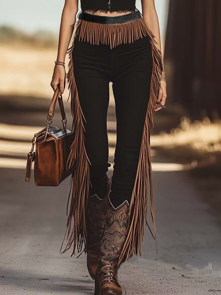 Vintage Western Denim Style Tassel Solid Color Slim Fit Pants-elviree