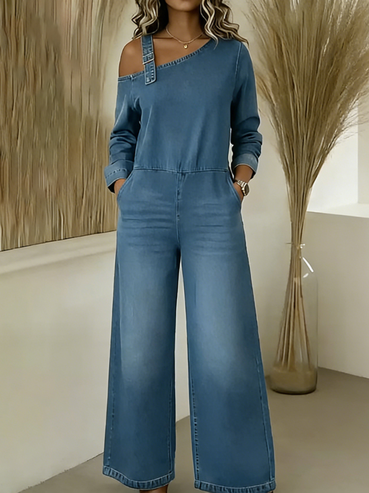 Women's Casual Solid Color Denim Pocket Comfortable Jumpsuit-elviree